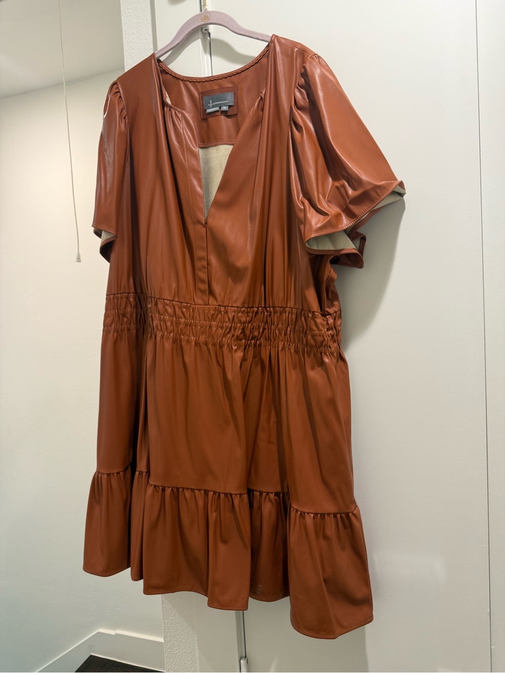 Anthropologie Faux Leather Tiered Mini Dress in Bark - Picture 2 of 5